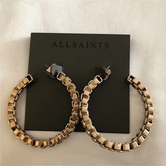 ALLSAINTS Gold Tone C-Shaped Link Chain Hoop Earrings NWT - Picture 5 of 12